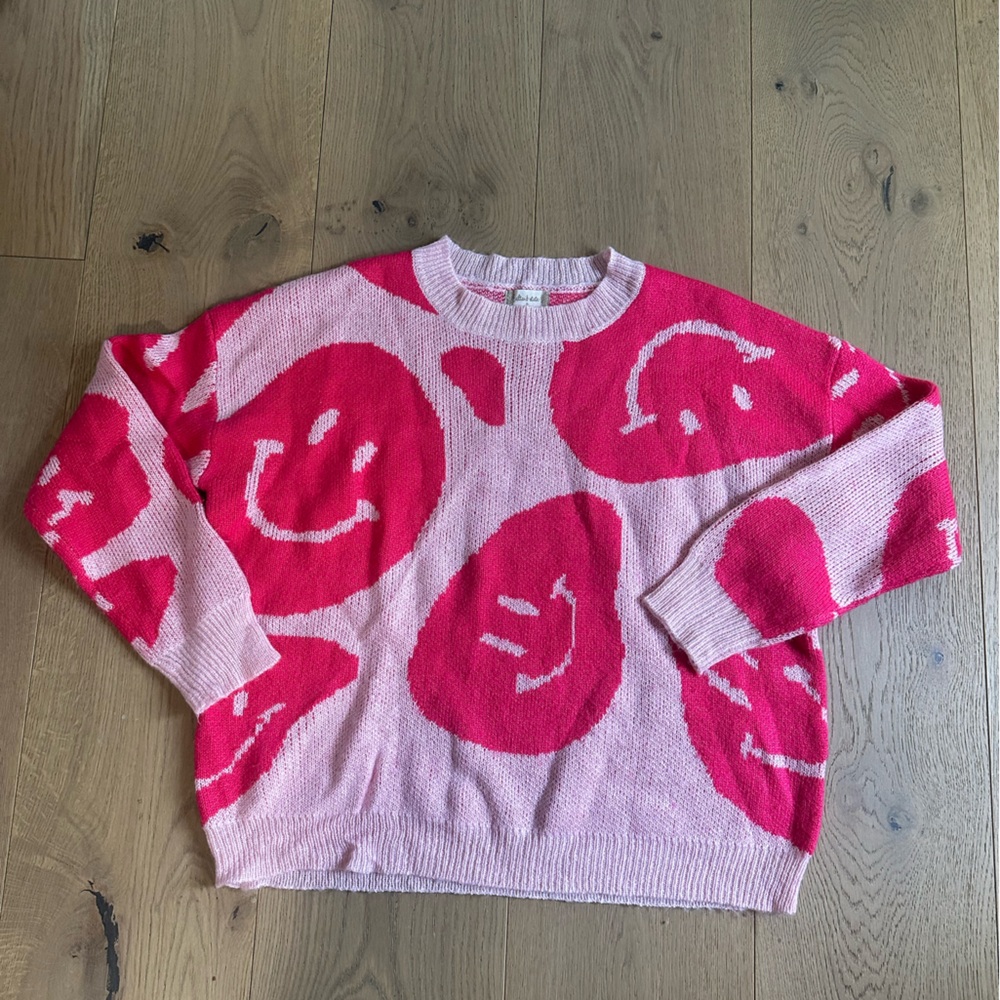 Altar'd State Smiley Face Pink Oversized Fit Sweater SIZE SMALL
